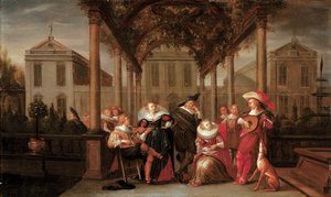 庭のポーチの下で音楽を演奏する陽気な会社 作： Dirck Hals