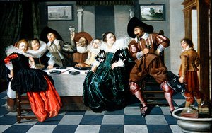 インテリアの中のテーブルに座る優雅な人々（油彩・パネル） 作： Dirck Hals