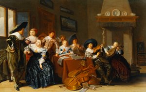 テーブルに座った楽器とインテリアで歌う若い女性のエレガントな人物、1637年