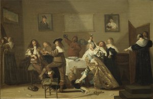ハルス、ディルク（1591-1656）の「Scene de taverne - Tavern Scene - Tavern Scene」。木に油彩 作： Dirck Hals