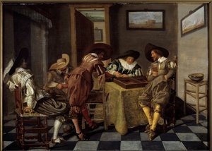 tric trac（トライ・トラック：バックギャモンの古いゲーム）の部分。ディルク・ハルス（1591-1656）の絵画、1615-1625年頃の作品。木に油彩。寸法：0.38×0.53m。リール、ボザール美術館 - チック・トラック・プレイヤー（「チック・トラック：古代のバックギャモン・ゲーム」）。ディルク・ハルスの絵画（159 作： Dirck Hals