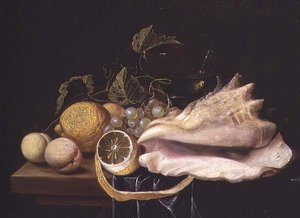 ストロンブスの殻と果実のある静物画 作： Dirck Sauts