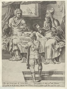 神の人と老預言者の食事 不従順な神の男の物語（シリーズタイトル） 作： Dirck Volckertsz. Coornhert (attributed to)
