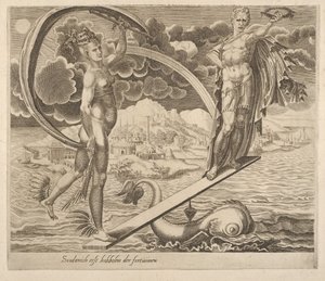 フォーチュンについての六つのことわざから人間を慰み者として使うフォーチュン, ca. 1560年。 作： Dirck Volkertsen Coornhert