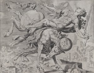 The Unrestrained World、プレート 1、1550 より、正義を処理する世界。 作： Dirck Volkertsen Coornhert