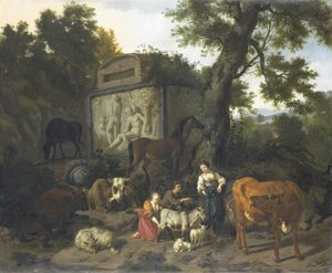 墓の近くの牧夫と牛のいる風景 作： Dirck van Bergen