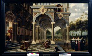 ボウリング選手 市松模様の床の上でボウリングをするゲーム。ディルク・ヴァン・デレン（1605-1671）の絵画 作： Dirck van Delen