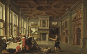 Diner distingue dans un interieur - 内装の中の識別された晩餐団」デレン、ディルク・ファン（c. 1605-1671）作。油彩・キャンバス 作： Dirck van Delen