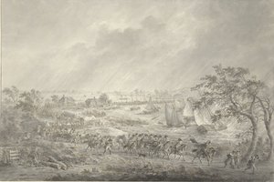 1794 年 11 月 7 日、ヴァール川に架かる船橋を渡ってナイメーヘンからレントに向かうイギリス軍とハノーバー軍の部隊 作： Dirk Langendijk