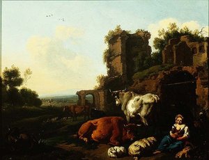 羊飼いのいる風景」1670年頃（パネルに油彩） 作： Dirk van Berghen