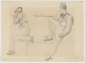 港のベンチに座る 2 人のイタリア人 作： Ditlev Blunck