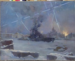 1942 年、レニングラード (ロシア、サンクトペテルブルク) のネヴァ川の重砲 (レニングラードの包囲戦中、凍った川のキュイラスが空襲から燃える街を守る)。 第二次世界大戦 (1939-1945) のエピソード。 画家 作： Dmitri Nikiforovich Martynov