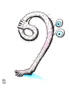 毛のある低音部記号 - 低音部記号を足のように描き、それを持つ手