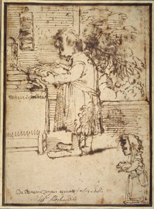 アルドブランディーニ神学者の風刺画、犬を抱いた女性の小人（紙にペン＆インク 作： Domenichino
