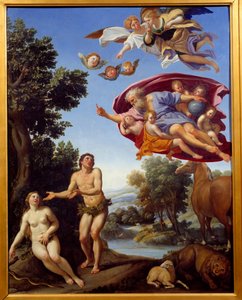 神がアダムとイヴを叱責する様子 ドメニコ・ザンピエーリ（ドミニクイン）の絵画 1625年 Sun.0,95x0,75 m グルノーブル、美術博物館 作： Domenichino