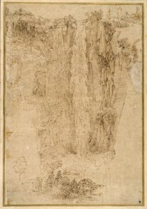 滝のある風景、足元には2人の男性、1人はマウント（紙にペンと茶色のインク 作： Domenichino