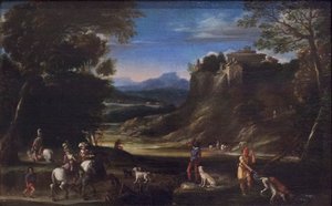 狩猟シーンのある樹木が茂った風景 作： Domenichino (1581 1641)