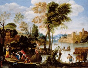 ボートマンとカニのバスケットを持つ女性のポーリングでイタリア風の川の風景、1604-05年 作： Domenichino