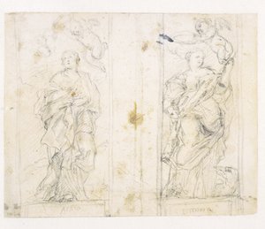 聖アガサとマーガレットの立像がプッティで戴冠されている 2 つのニッチ 作： Domenichino