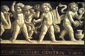 聖母の誕生」のケルブのフリーズ（フレスコ画）（60456のディテール 作： Domenico Ghirlandaio