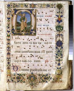 Ms.540 f.3r サン・マルコ・エ・チェナコリの聖歌隊名簿から、聖アンデレを描いた歴史的頭文字「M」のページ（ヴェラム製） 作： Domenico Ghirlandaio