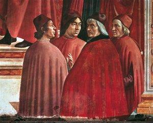 聖母マリアの物語。ザカリアスへの受胎告知」クリストフォロ・ランディーノ、アンジェロ・ポリツィアーノ、マルシリオ・フィチーノ、1485-90年頃の詳細（フレスコ画）