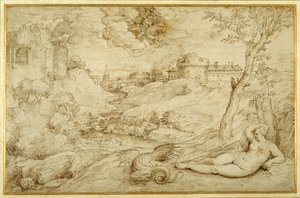 ロジャーとアンジェリカのいる風景、「オルランド・フリオーソ」より、X、ティツィアーノの後（紙にペンと茶色のインク 作： Domenico (attr. to) Campagnola