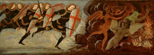 聖ミカエルと悪魔との戦いでの天使（木製パネルのテンペラ） 作： Domenico Ghirlandaio