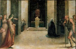 聖カタリナの聖痕の祭壇画。プレデルの詳細：天使の聖体を受けるシエナの聖カタリナ。ドメニコ・ベッカフミ（1486-1551）による絵画 作： Domenico Beccafumi