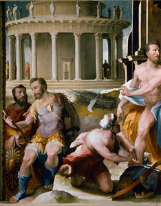 フリースラント州：アテネのコドロス王の生贄、詳細。ギリシャ神話。コドロス（またはコドルス）は神託により、ドーリア人とアテネ人の戦争の優位性は、指導者が殺される者に属することを知り、自らの意思で貪り食った 作： Domenico Beccafumi