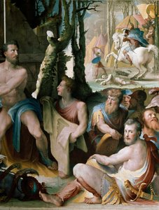 フリースラント州：アテネのコドロス王の生贄、詳細。ギリシャ神話。コドロス（またはコドルス）は神託により、ドーリア人とアテネ人の戦争の優位性は、指導者が殺される者に属することを知り、自らの意思で貪り食った