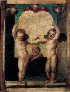 プッティ・レギメダグリオーネ（メダイヨンを頭上に運ぶ天使たち）。ドメニコ・ベッカフミ（1486-1551）の絵画 作： Domenico Beccafumi