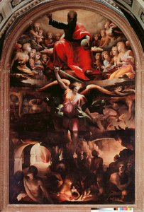 反抗的な天使を追う聖ミカエル ドメニコ・ベッカフミ（1486-1551）の絵画 1526-1530年頃 日。348x225cm。シエナ、サン・ニコロ・アル・カルミネ教会