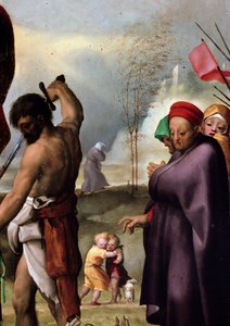 玉座に座る聖パウロ、詳細。ドメニコ・ベッカフミ（1486-1551）による絵画、1515年頃。飲み物。ディム：230x150cm。シエナ（Siena）、「オペラ・メトロポリターナ」美術館