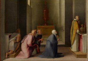 シエナの聖カタリナの奇跡的な交わり、1513〜15年頃（パネルに油と金箔） 作： Domenico Beccafumi