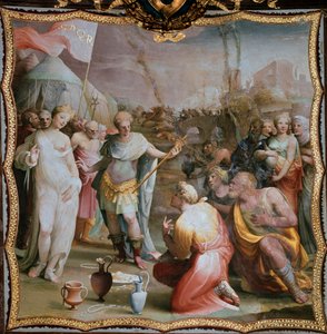 アフリカ人スキピオの断腸の思い。ローマの将軍スキピオ・エル・アフリカンは、カルタヘナ（スペイン）を包囲してカルタゴ人から誘拐した後、セルティバルの人質を解放する。彼はその一部を保管し、兵士たちは特に美しい少女を預かったという。スキップ 作： Domenico Beccafumi