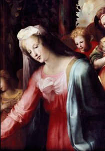 降誕祭、聖母の細部。ドメニコ・ベッカフミ（1486-1551）の絵画 作： Domenico Beccafumi