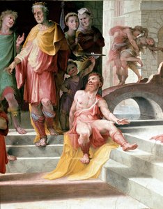 Seleucos de Locres (Seleucus de Locride)の生贄 Seleucosは、息子が犯した強姦の罰として、片目を死なせることを優先して、息子の目を見えなくする。ドメニコ・ディ・ジャコモ・ディ・パーチェ・ディ・ベッカフミ（1486-1551）によるフレスコ画。詳細1529年-1535年 シ 作： Domenico Beccafumi