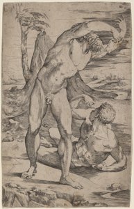 風景の中で身振りで示す 2 つの男性の裸体 作： Domenico Beccafumi
