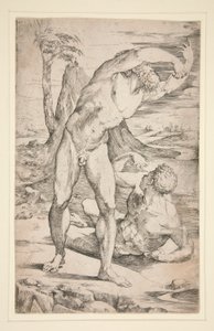 風景の中の 2 人の裸の男性 作： Domenico Beccafumi