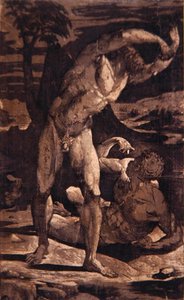 風景の中の二人の男性ヌード 1540-80年頃（彫刻・木版画 作： Domenico Beccafumi