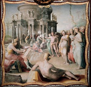 ゼウシス（またはゼウシッポス、ヘラクレスのギリシャ人画家、紀元前464-398年）は、クロトーネのヘラ神殿のためにヘレネの肖像を描きました。ドメニコ・ベッカフミ（1486-1551）の絵画 作： Domenico Beccafumi