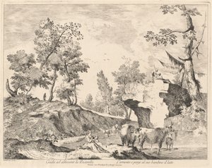 水飲み場での羊飼いと群れのいる風景 作： Domenico Bernardo Zilotti