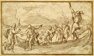 水の上を歩くキリストと聖ペテロ（紙にペンと茶色のインク 作： Domenico Campagnola