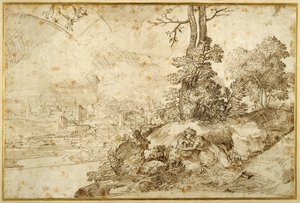 占星術のある風景」（紙にペンと茶色のインク 作： Domenico Campagnola