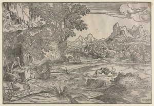 聖ヒエロニムスと 2 頭のライオンのいる風景 作： Domenico Campagnola