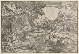 聖ジェロームと2頭のライオンのいる風景、c。 1530-35。 作： Domenico Campagnola