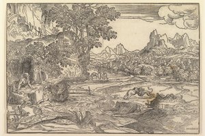 左に聖ジェロームのいる風景。ライオンとクマを中心に戦い、約ca. 1530-35。 作： Domenico Campagnola