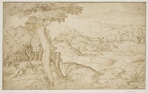 町と眠っている羊飼いのいる風景 作： Domenico Campagnola