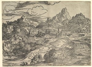 家族がフォアグラウンドで一緒に歩いている風景、左の2人の人物が...、ca。 1535-40。